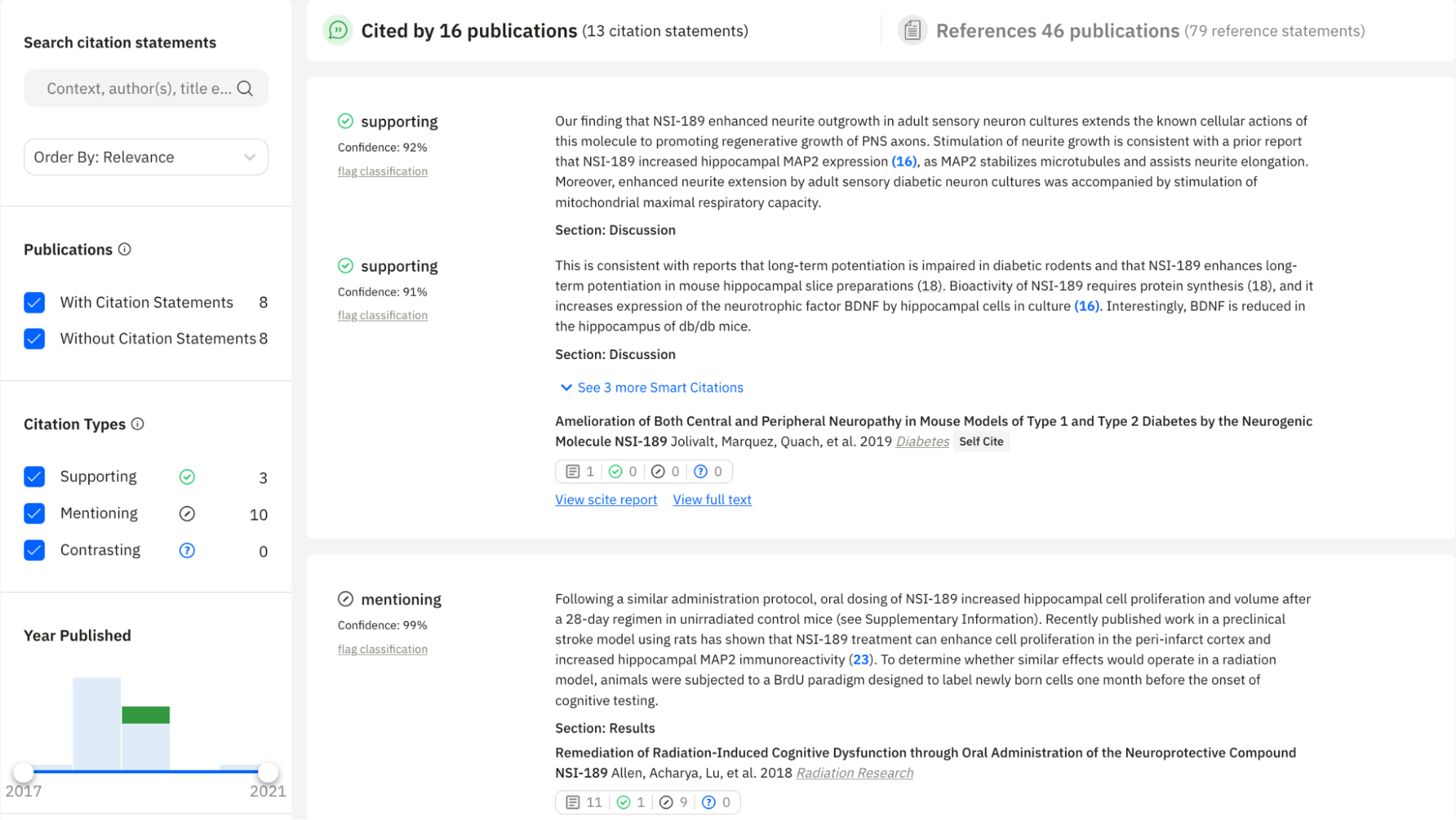 Example of a report page showing citation statements and how they talk about a publication of interest. Example of a report page showing citation statements and how they talk about a publication of interest.